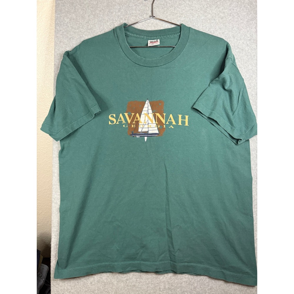 Vintage Anvil Savannah Georgia Sailboat T Shirt XL Green Single Stitch 90s USA
